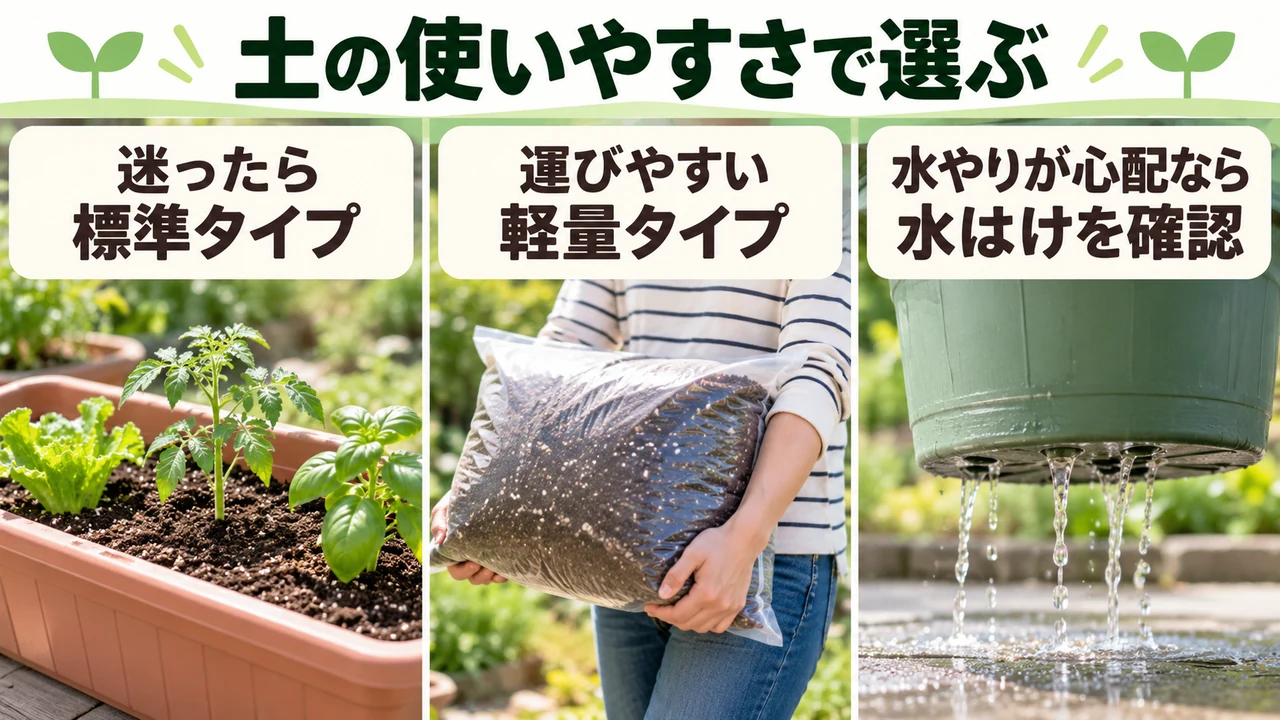 標準・軽量・水はけから野菜用培養土を選ぶ図