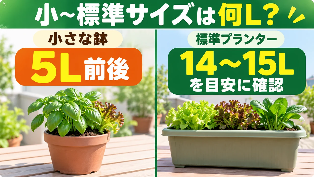 小さな鉢と標準プランターに必要な培養土の量を比べる図