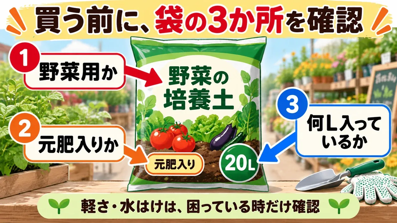培養土を買う前に袋で確認する3項目の図