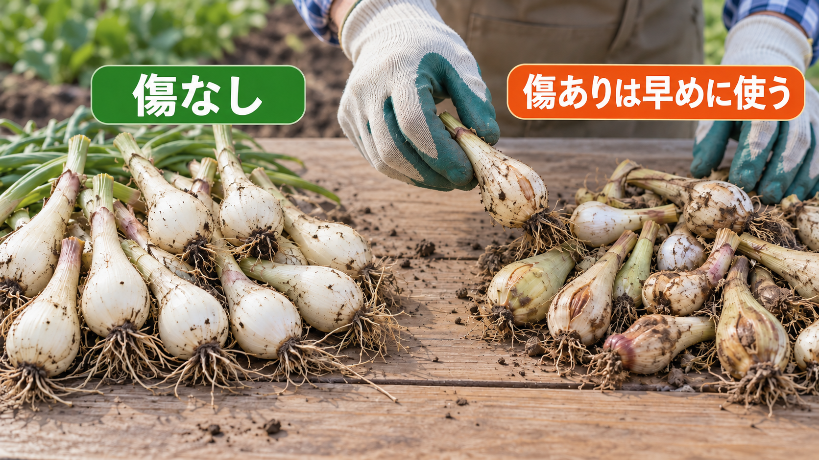 収穫後のラッキョウを傷の有無で分ける