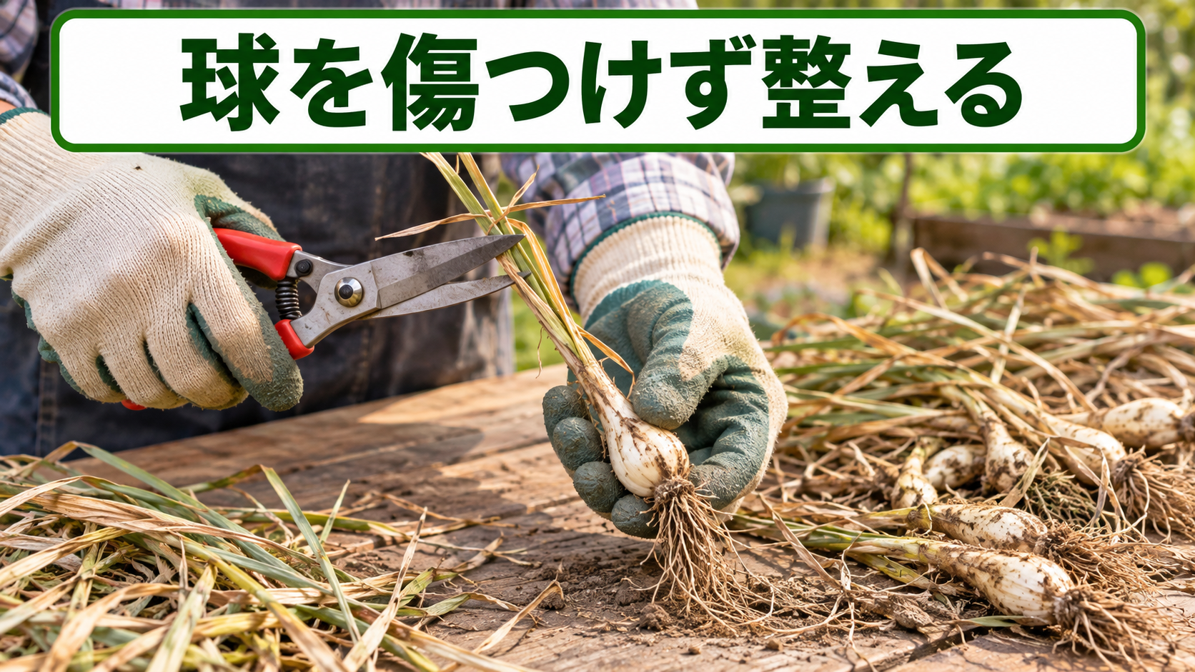 球本体を傷つけず乾いた葉と根を整える