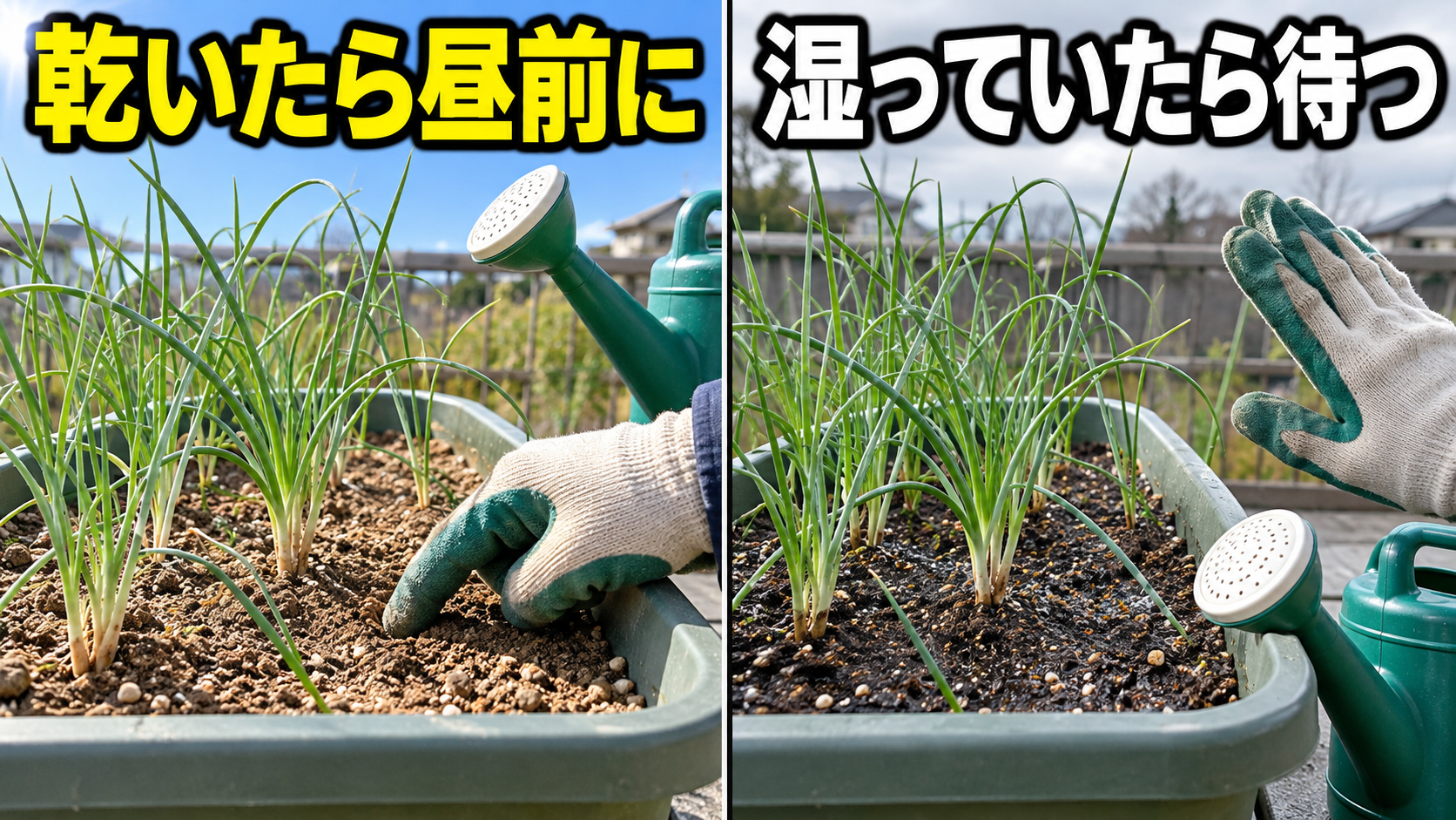 冬のラッキョウは土が乾いたら昼前に水を与え湿っていたら待つ