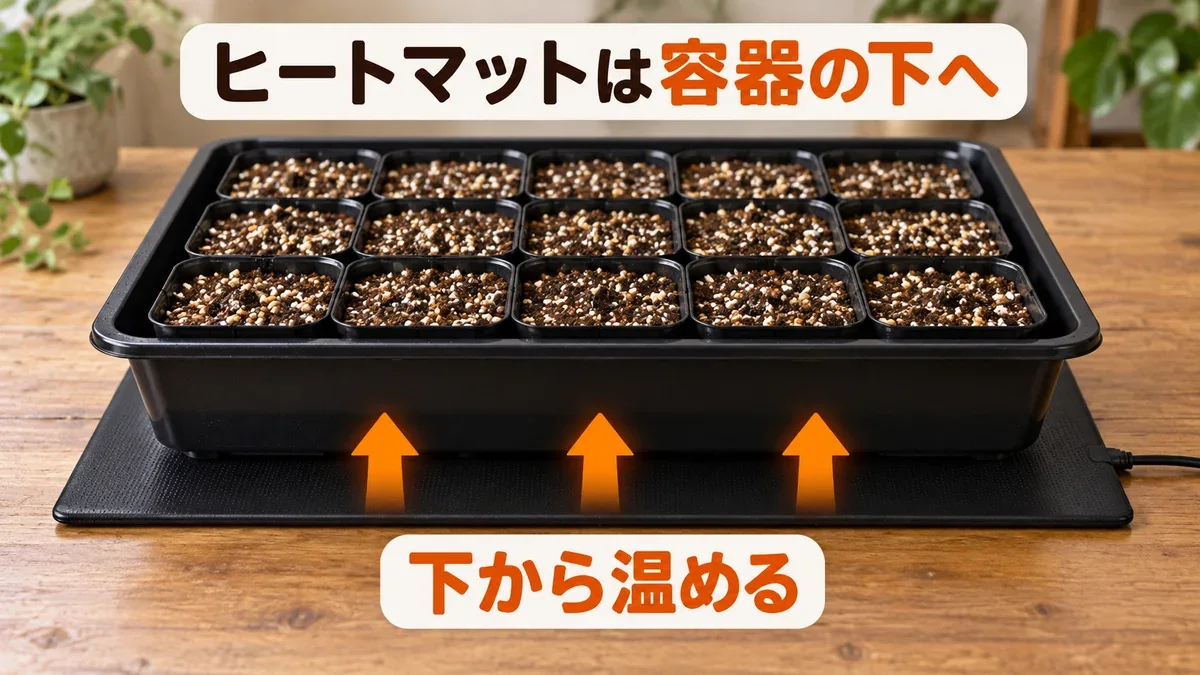 受け皿の下へヒートマットを敷き、土の温度を確認する使い方