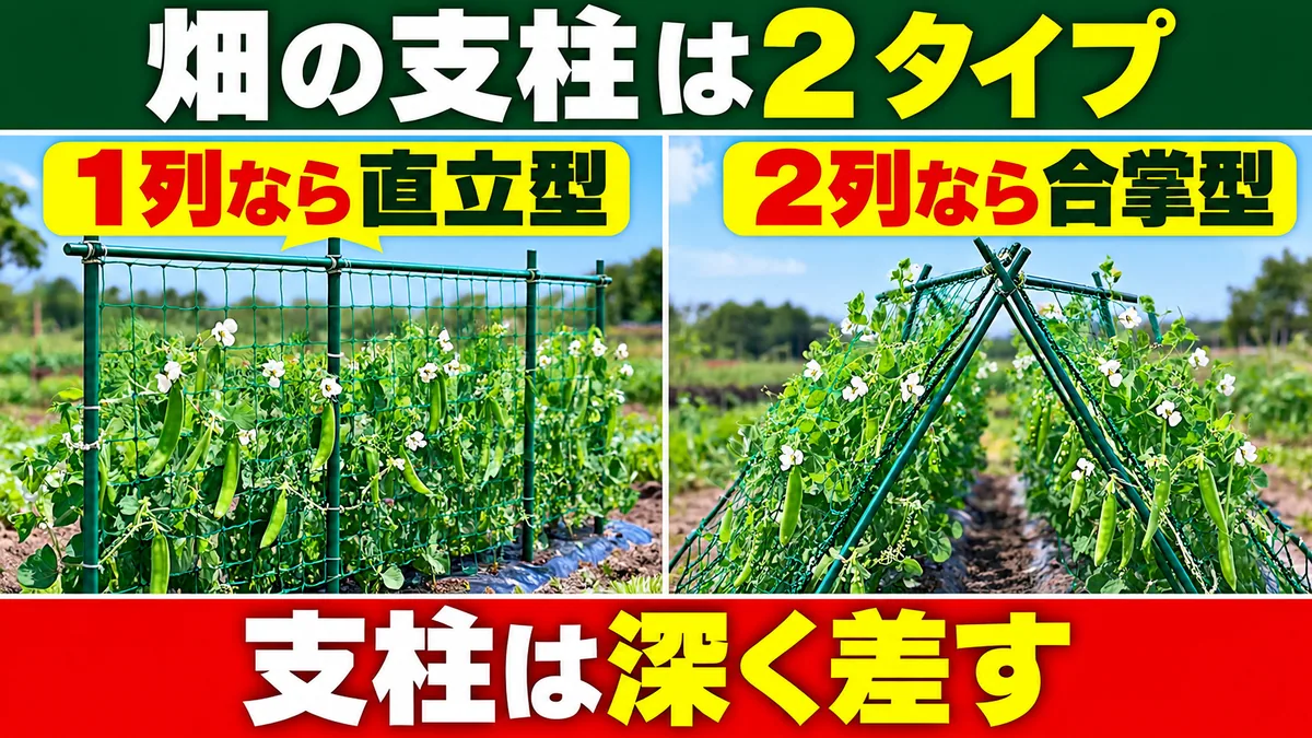 スナップエンドウを1列で育てる直立型と2列で育てる合掌型の比較図