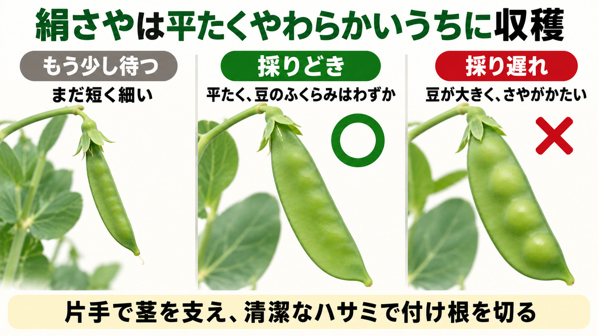 絹さやの収穫時期をさやの厚みで見分ける