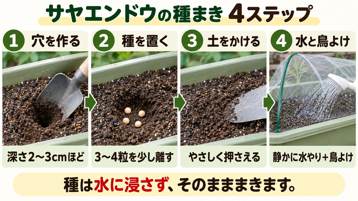サヤエンドウの種まき4ステップ
