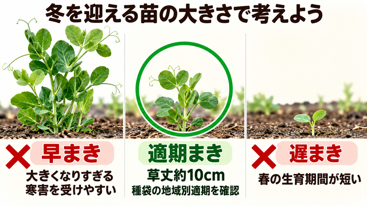 早まき・適期まき・遅まきで変わる冬越し苗の大きさ
