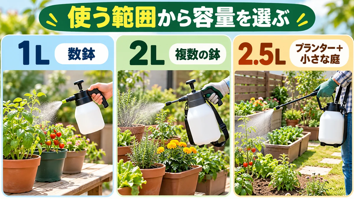 1L・2L・2.5Lの噴霧器を使う鉢数と範囲から選ぶ図