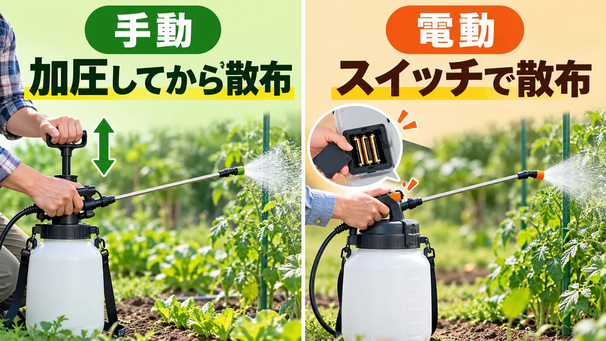 手動噴霧器と電動噴霧器の操作の違いを比べる図