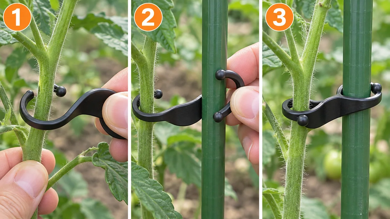 黒いS字形のひねってキャッチで茎と16mm支柱を留める3手順
