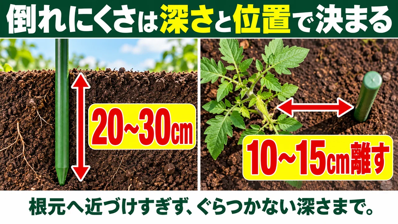 支柱を差す深さ20～30cmと株元から10～15cm離す位置