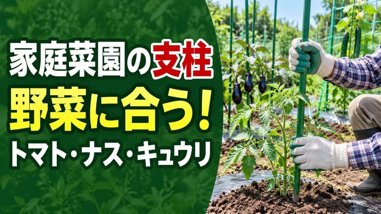 家庭菜園で野菜に合う支柱を選ぶ記事のアイキャッチ
