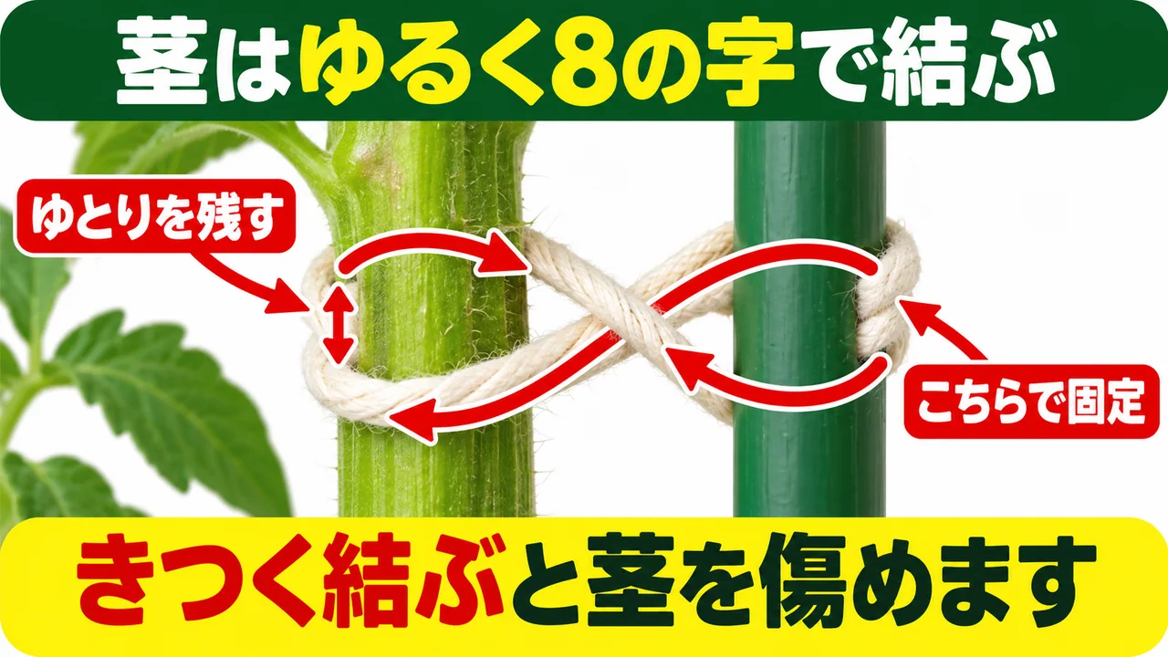 茎側にゆとりを残して支柱側で固定する8の字結びの図