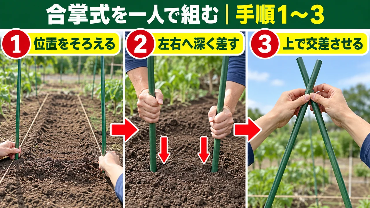 合掌式を一人で組む手順1から3