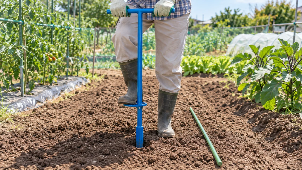 足を掛けて支柱穴あけ器を垂直に差し、下穴を作る使用イメージ
