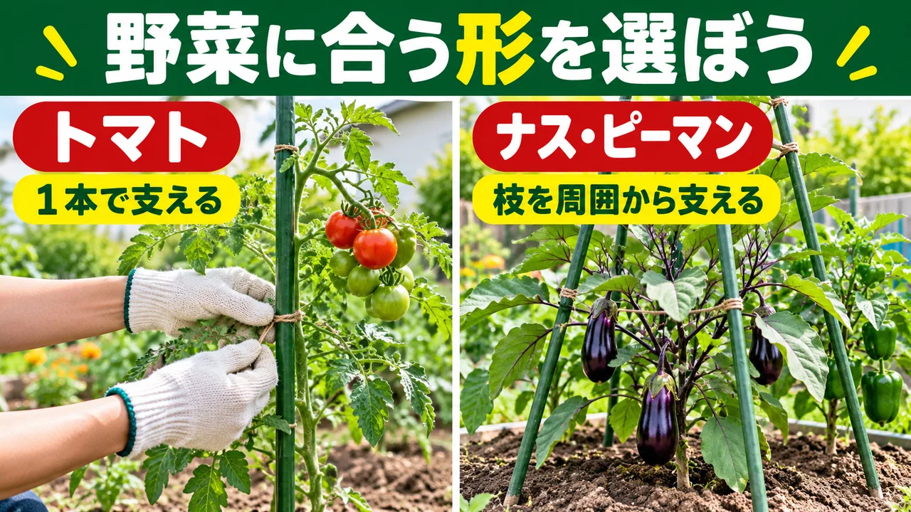 トマトは1本支柱、ナスとピーマンは枝を周囲から支える図