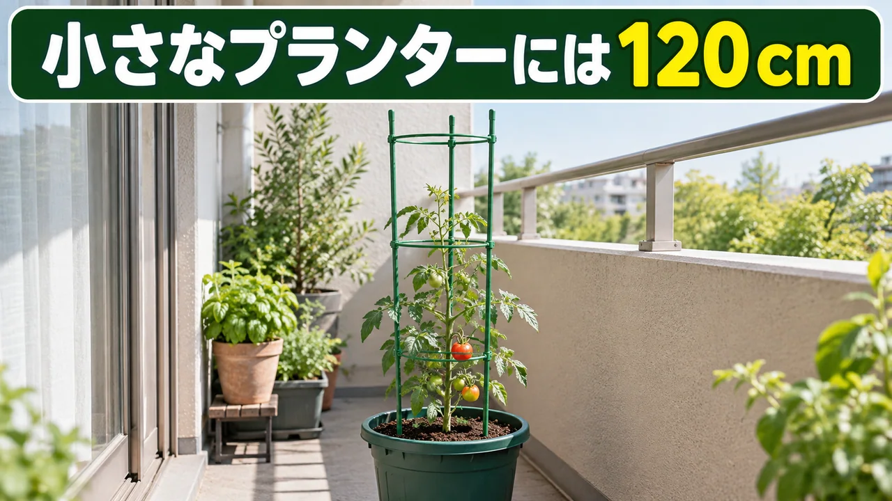 小さなプランターで120cmのあんどん型支柱を使うミニトマト