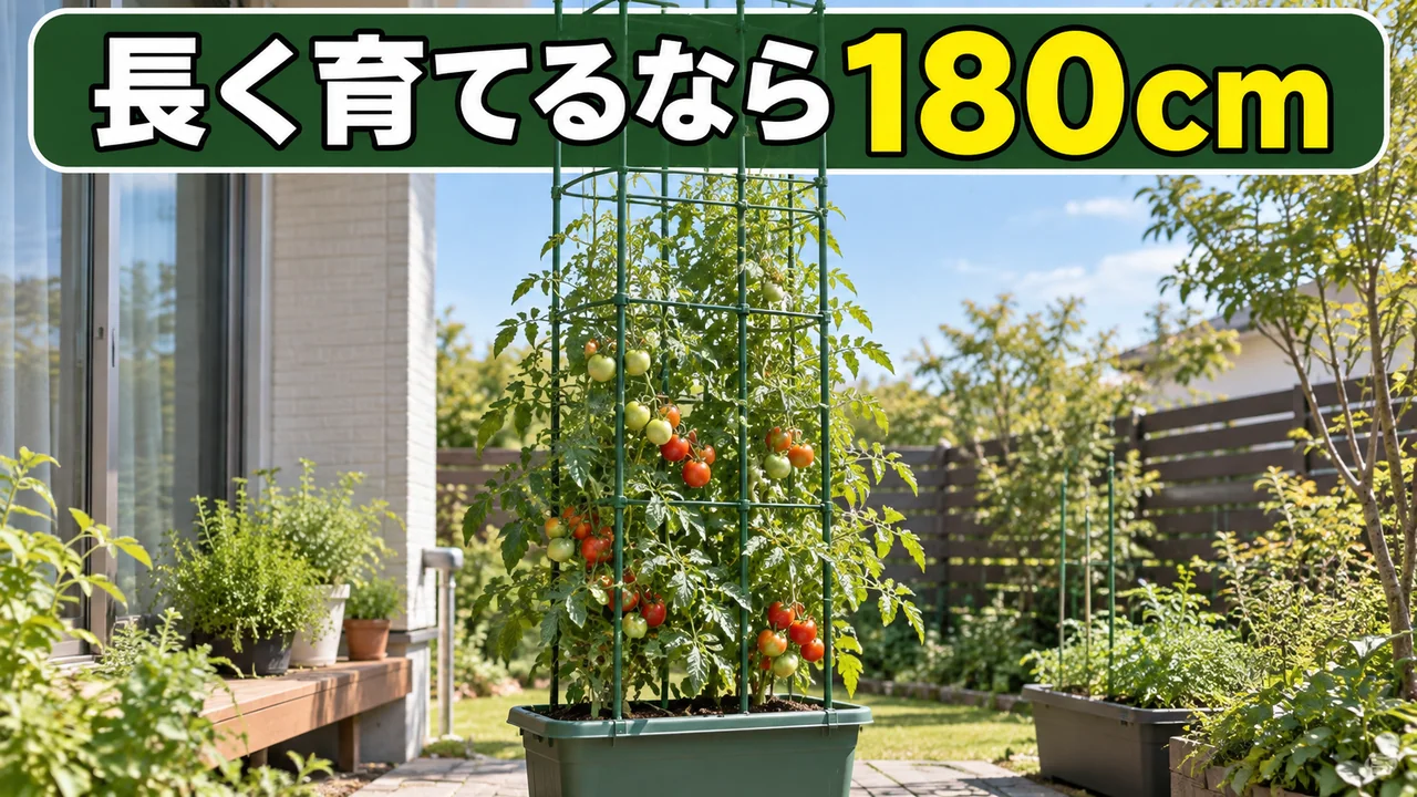 大きなプランターで180cmのタワー型支柱を使うトマト
