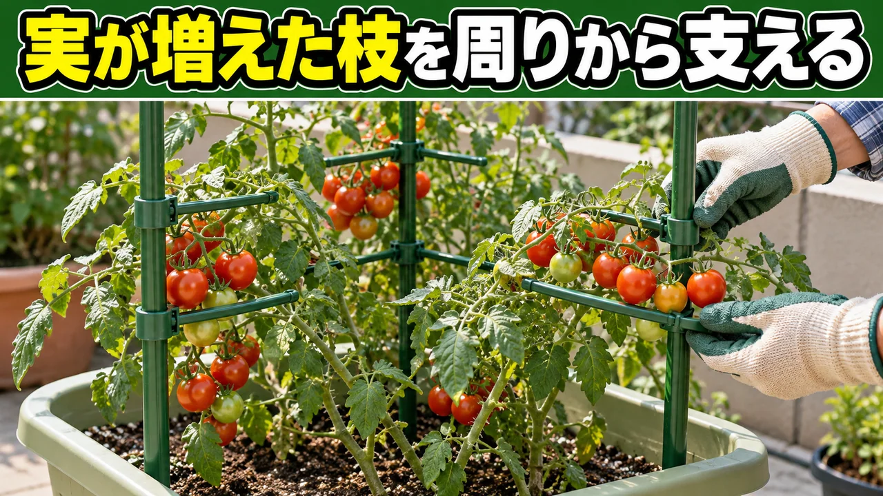 3本の支柱と横アームで実の付いた枝を周囲から支える場面