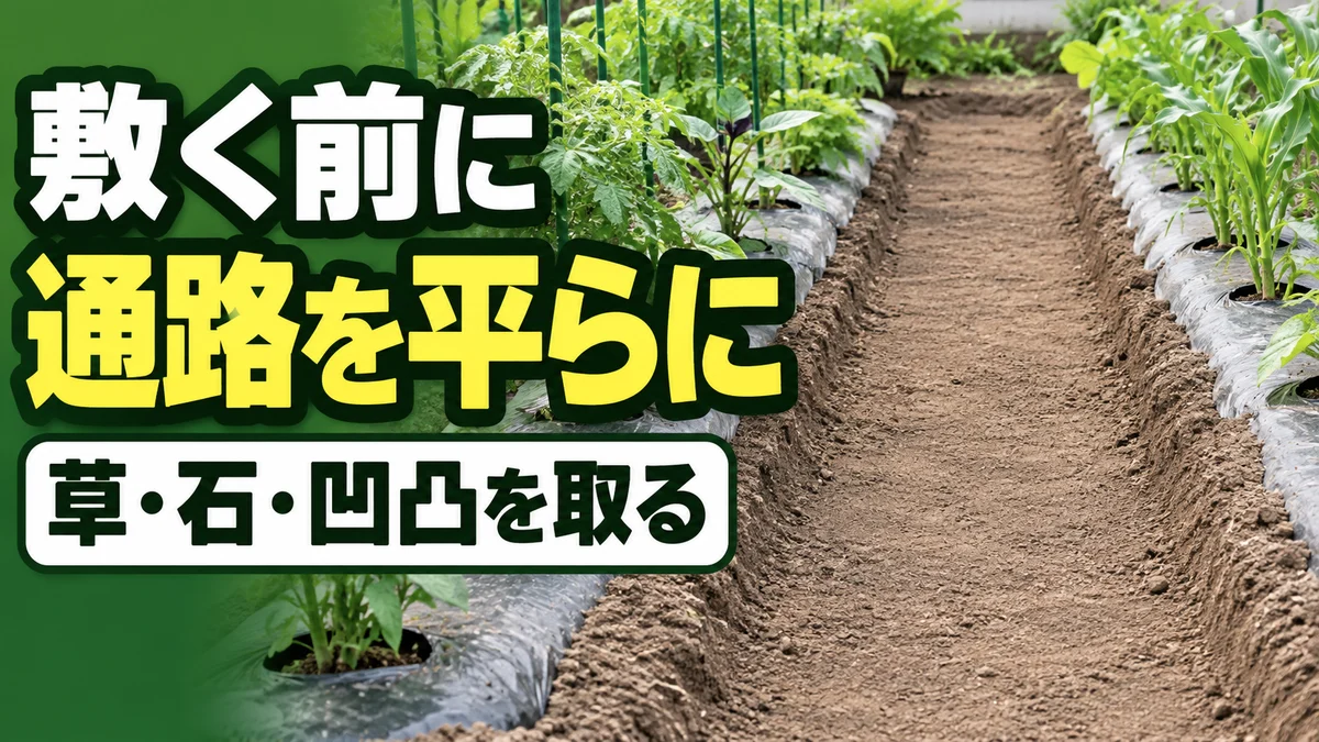 防草シートを敷く前に草と石を取り通路を平らにした状態