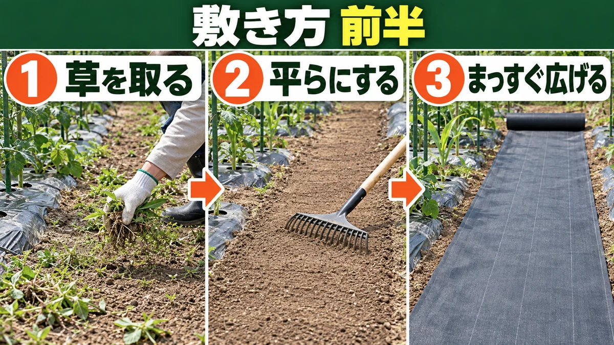 防草シートの敷き方前半 草を取る 平らにする まっすぐ広げる