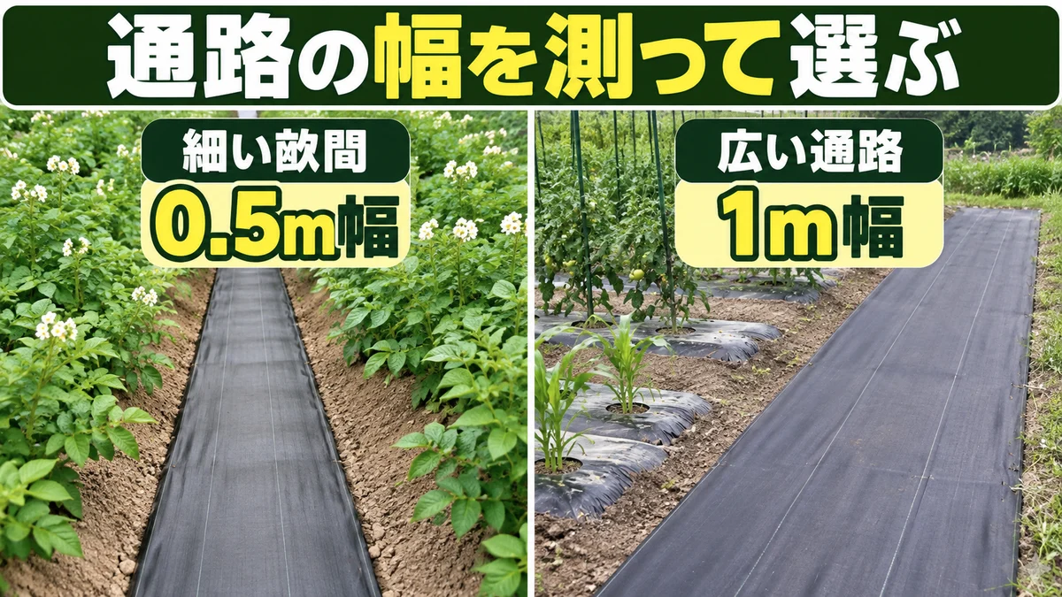 細い畝間は0.5m幅、広い通路は1m幅の防草シートを選ぶ違い