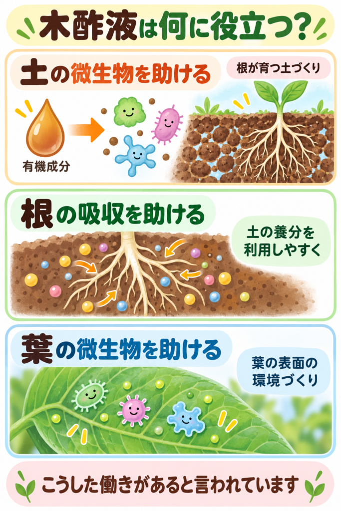 土の微生物、根の養分吸収、葉の表面の微生物を助ける木酢液の使い方を示す図解